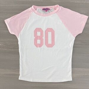 Edikted White Tee with Light Pink Raglan Sleeves & '80' Graphic